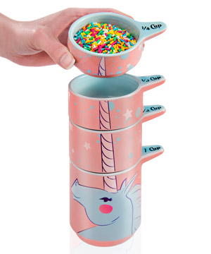 Pink and blue, ceramic, stackable unicorn measuring cups