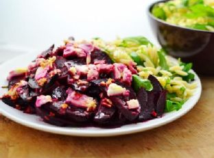 Baked beetroot and feta with orzo