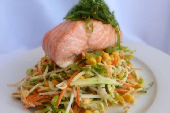 Asian Coleslaw with Baked Salmon