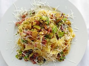 Brussels Sprout Carbonara with Fettuccini