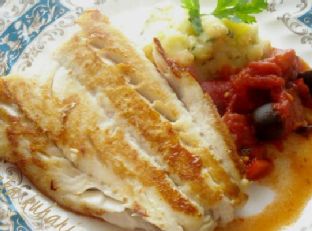 Cod with Tomato-Olive-Chorizo Sauce and Mashed Potatoes