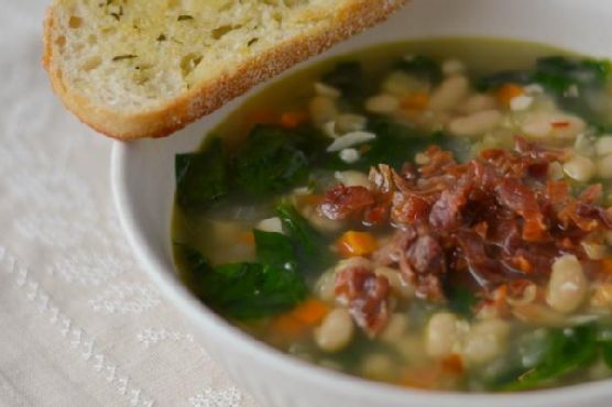 White Bean and Garlic Soup with Spinach and Crispy Prosciutto and Rosemary-Garlic Toasts
