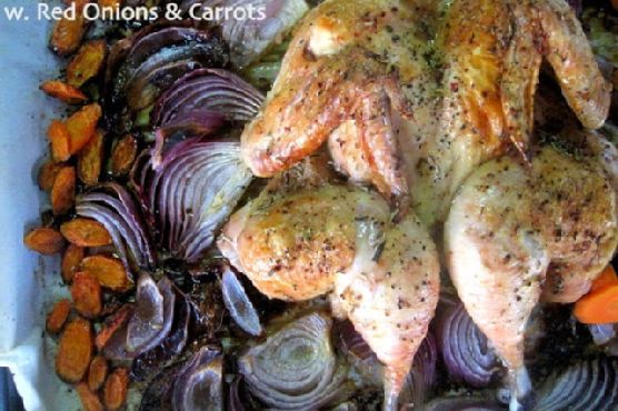Roasted Butterflied Chicken w. Onions & Carrots
