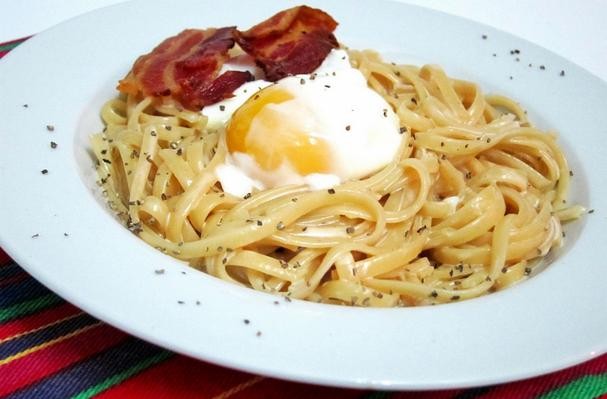 How To Make Linguine in Cream Sauce with Poached Eggs and Bacon | Recipe