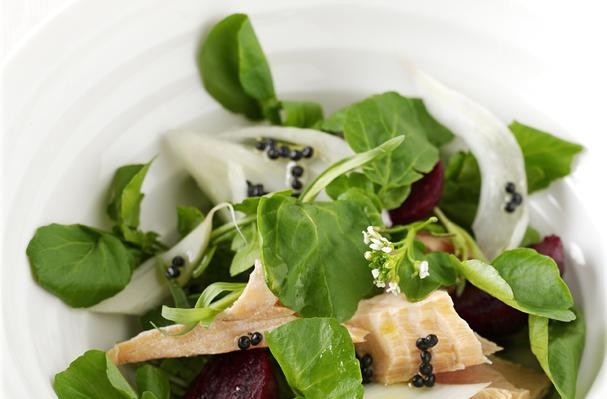 How To Make Salmon, Watercress, Fennel and Baby Beetroot Salad With Lemony “Caviar” Dressing | Recipe